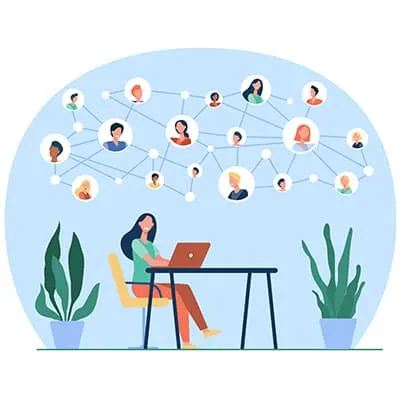 illustrazione di una donna alla scrivania con pc e rete di persone connesse virtualmente